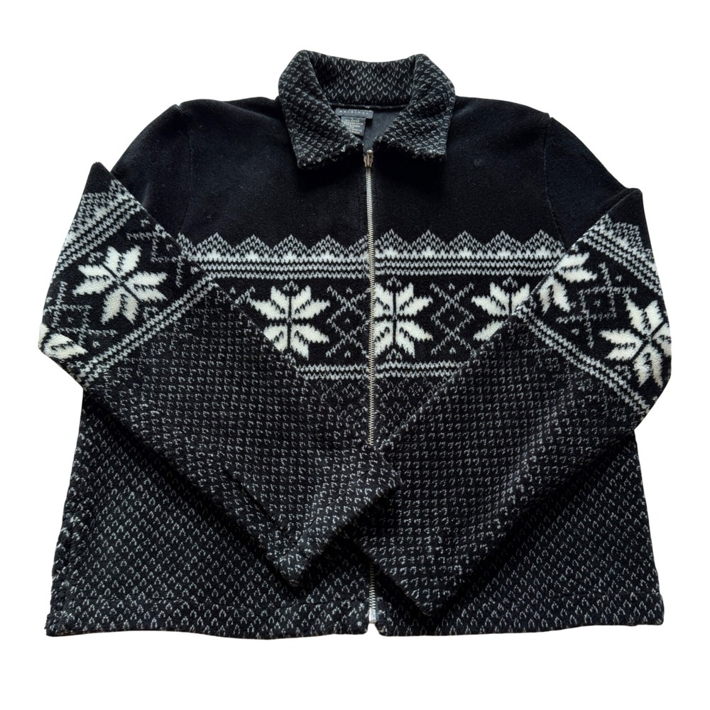 BC Clothing Original Men Fleece Sweater Black White Fair Isle Snowflake L Canada